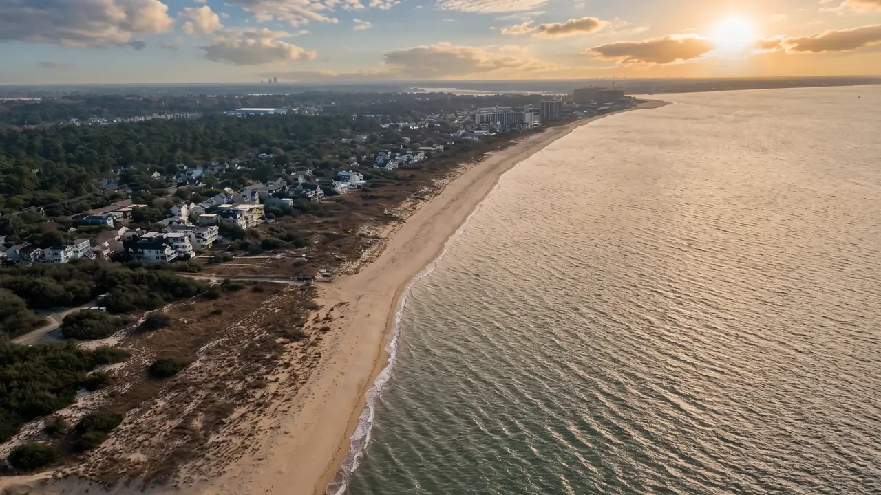 The Virginia Beach coastline at sunrise, looking north along the oceanfront towards the Chesapeake Bay.